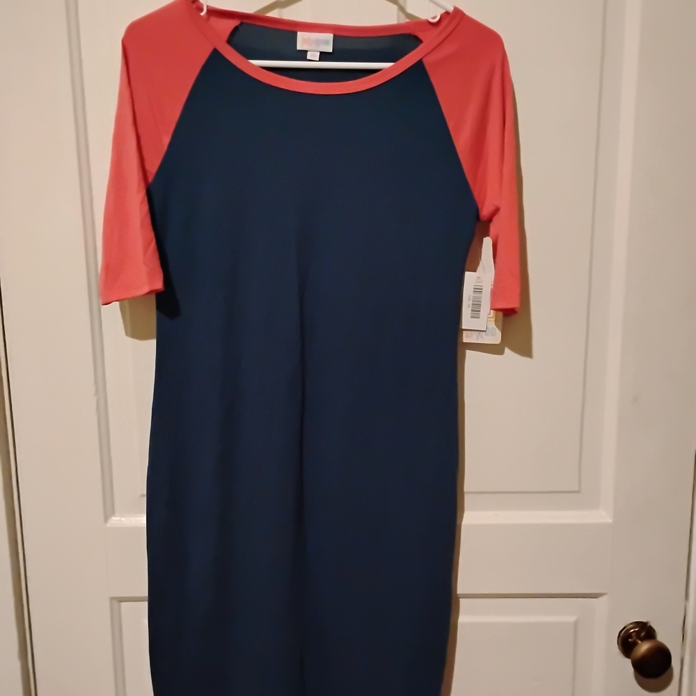 LuLaRoe Coral and Navy Midi Dress